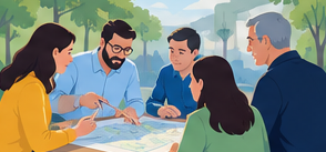 Illustration de personnes réunies autour d'une carte