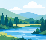 Illustration d'une rivière dans un paysage vert
