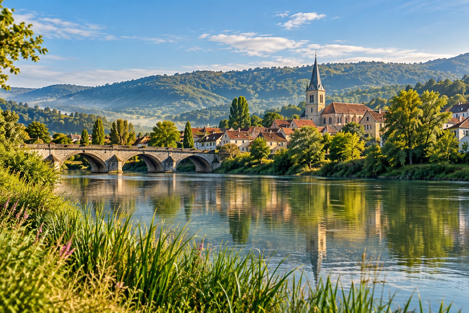 Village au bord de la Moselle avec son pont de pierre et son église, au petit matin